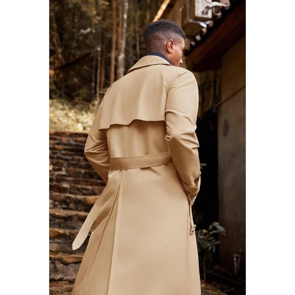 Mens Khaki  Double Breasted Belted Windbreaker Jackets Lapel Trench Coat - Picture 4 of 5